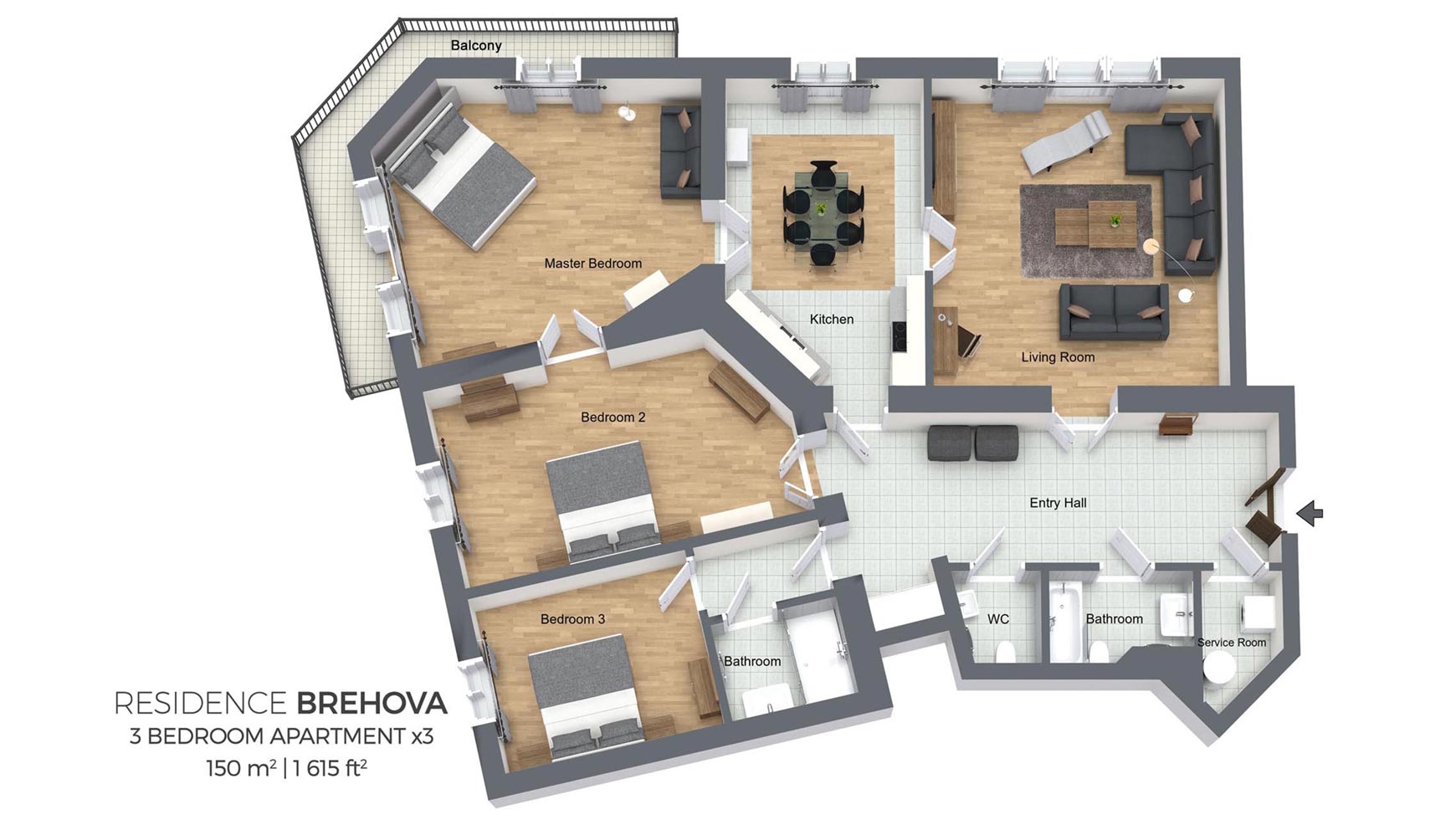 Floorplan of a three bedroom apartment in Residence Brehova