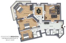 Floorplan of a three bedroom apartment in Residence Brehova